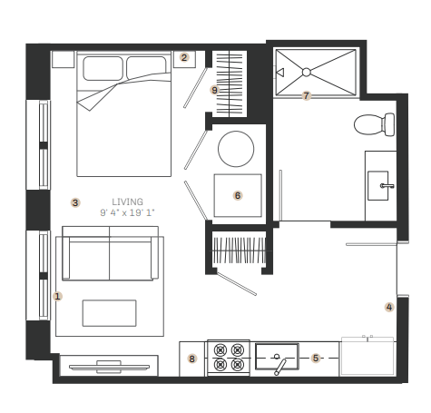 Floor plan for studio, 1 bath, 434 sqft