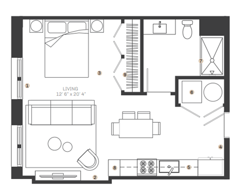 Floor plan for studio, 567 sqft