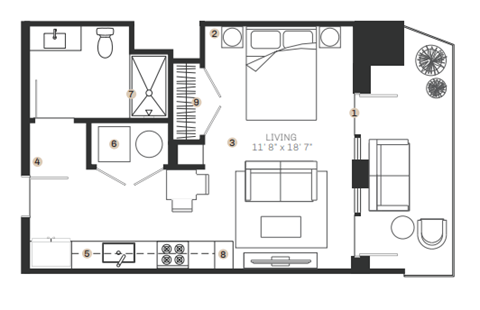 Floor plan for studio, 1 bath, 543 sqft