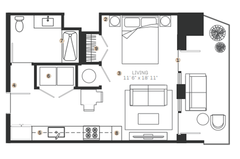 Floor plan for studio, 1 bath, 543 sqft