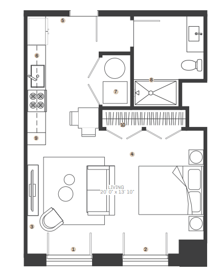 Floor plan for studio, 1 bath, 603 sqft