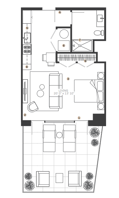 Floor plan for studio, 1 bath, 603 sqft