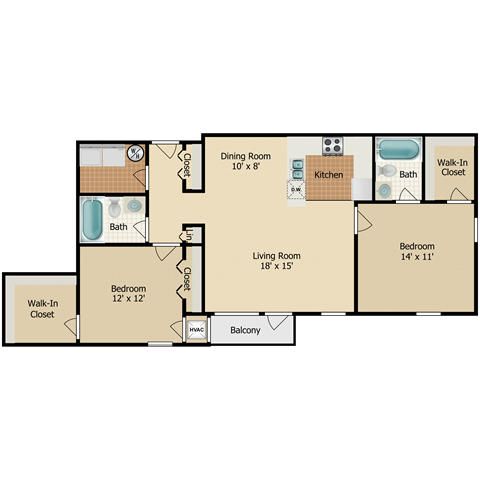 Floor plan for 2 beds, 2 baths, 1205 sqft