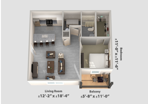 Floor plan for 1 bed, 1 bath, 719 sqft