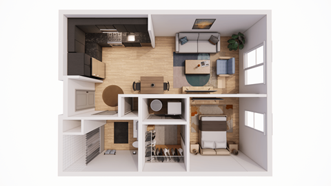 Floor plan for 1 bed, 1 bath, 640 sqft