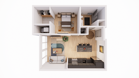 Floor plan for 1 bed, 1 bath, 672 sqft
