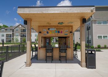 The covered patio has a bar with chairs