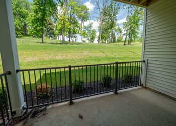 The view of the yard from the porch of a house