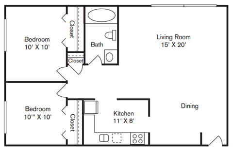 Floor plan for 2 beds, 1 bath, 740 sqft