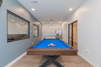 A pool table in a room with a window and a door.
