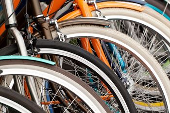 A close up of a bicycle wheel with a brown rim and a silver spokes.