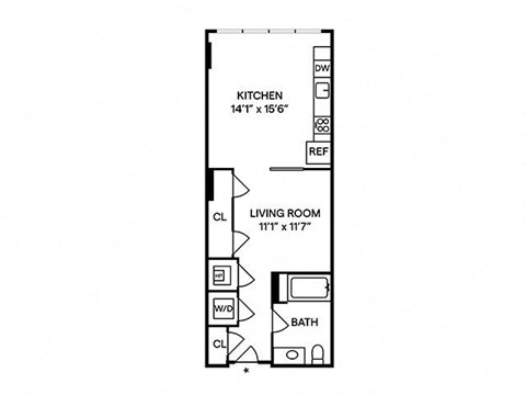 Floor plan for studio, 1 bath, 578 sqft