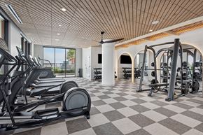 Atlanta apartment for rent - A gym with treadmills, weights, and a checkered floor.