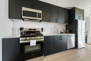 Houston apartment for rent - A modern kitchen with black cabinets and stainless steel appliances.