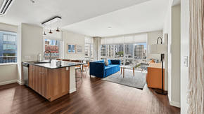 Denver apartment for rent - A modern kitchen with wooden floors and a blue sofa.