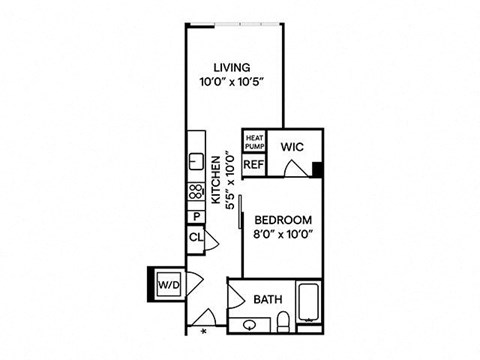 Floor plan for 1 bed, 1 bath, 590 sqft