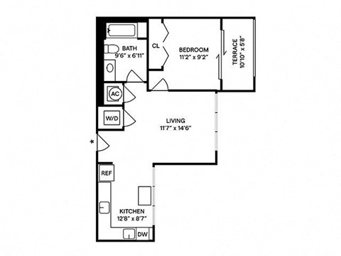 Floor plan for 1 bed, 1 bath, 624 sqft