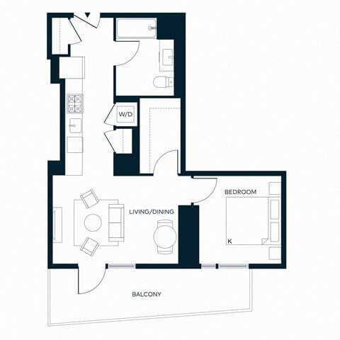 Floor plan for 1 bed, 1 bath, 673 sqft