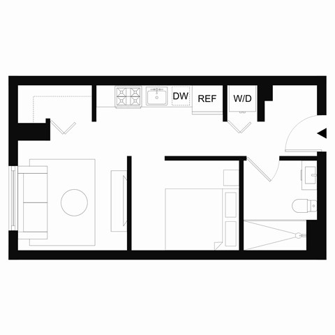 Floor plan for 1 bed, 1 bath, 477 sqft