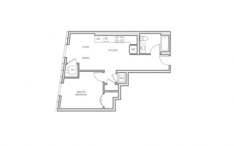 Floor plan for 1 bed, 1 bath, 605 sqft
