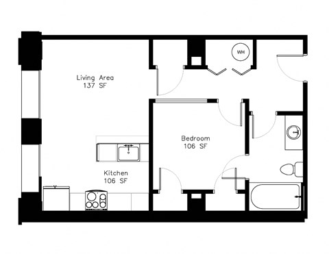 Floor plan for 1 bed, 1 bath, 584 sqft
