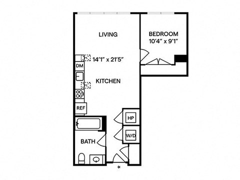 Floor plan for 1 bed, 1 bath, 694 sqft