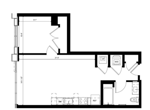 Floor plan for 1 bed, 1 bath, 694 sqft