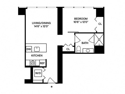 Floor plan for 1 bed, 1 bath, 695 sqft