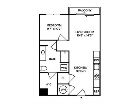 Floor plan for 1 bed, 1 bath, 683 sqft