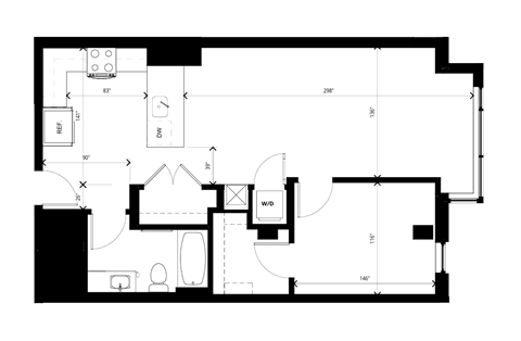 Floor plan for 1 bed, 1 bath, 791 sqft