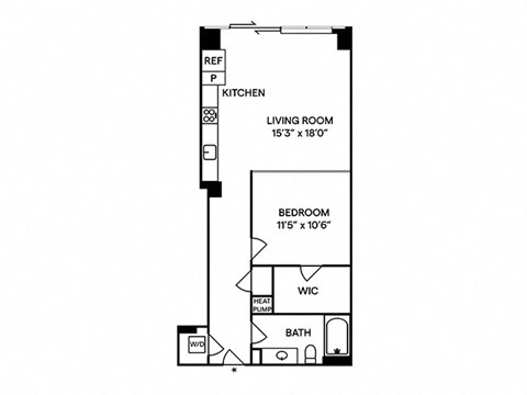 Floor plan for 1 bed, 1 bath, 734 sqft