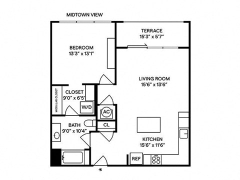 Floor plan for 1 bed, 1 bath, 860 sqft