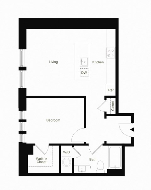 Floor plan for 1 bed, 1 bath, 675 sqft