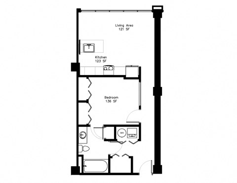 Floor plan for 1 bed, 1 bath, 693 sqft