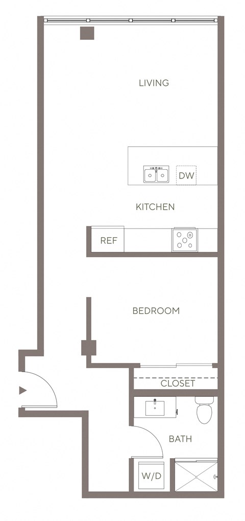 Floor plan for 1 bed, 1 bath, 664 sqft