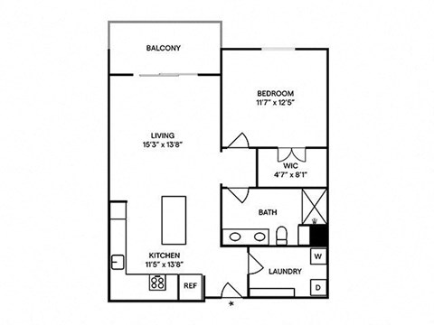 Floor plan for 1 bed, 1 bath, 805 sqft