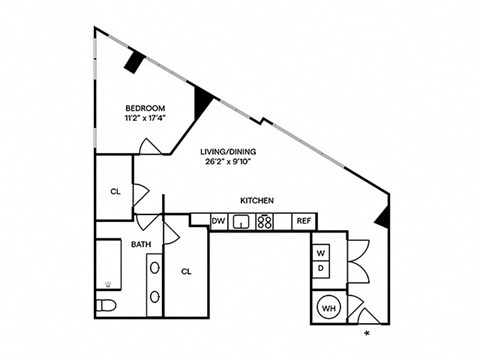 Floor plan for 1 bed, 1 bath, 873 sqft