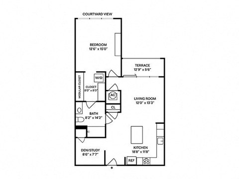 Floor plan for 1 bed, 1 bath, 901 sqft