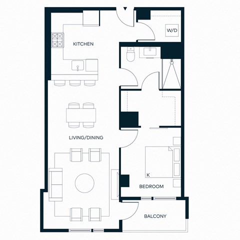 Floor plan for 1 bed, 1 bath, 809 sqft