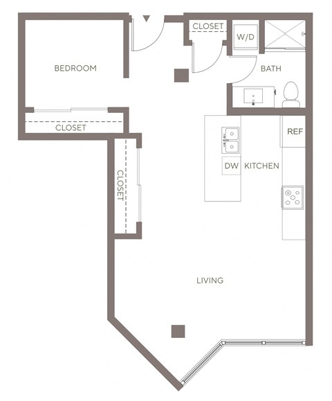 Floor plan for 1 bed, 1 bath, 686 sqft