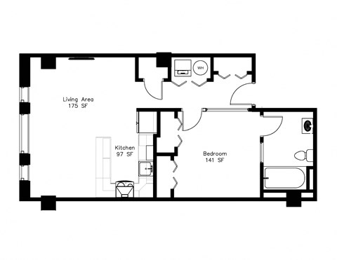 Floor plan for 1 bed, 1 bath, 700 sqft
