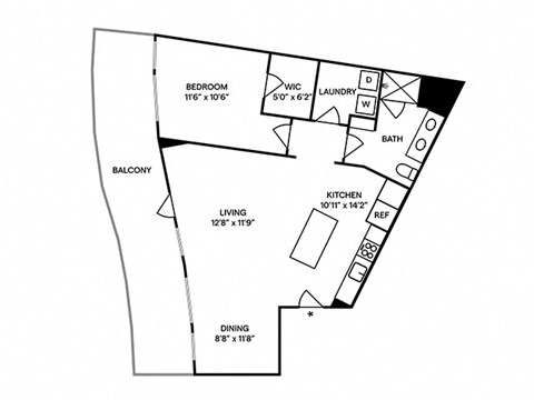 Floor plan for 1 bed, 1 bath, 830 sqft