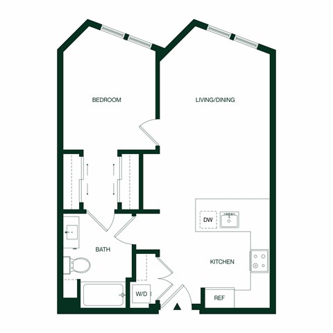 Floor plan for 1 bed, 1 bath, 733 sqft