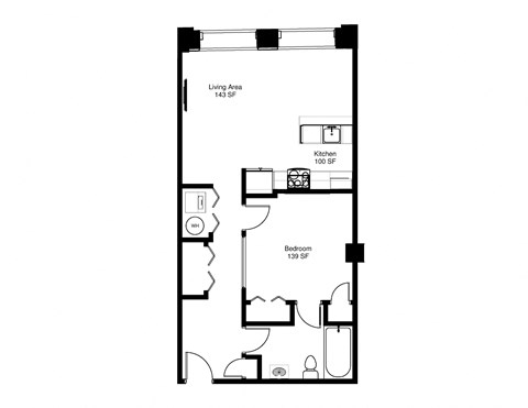 Floor plan for 1 bed, 1 bath, 708 sqft