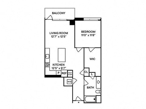 Floor plan for 1 bed, 1 bath, 789 sqft