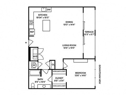 Floor plan for 1 bed, 1 bath, 1073 sqft