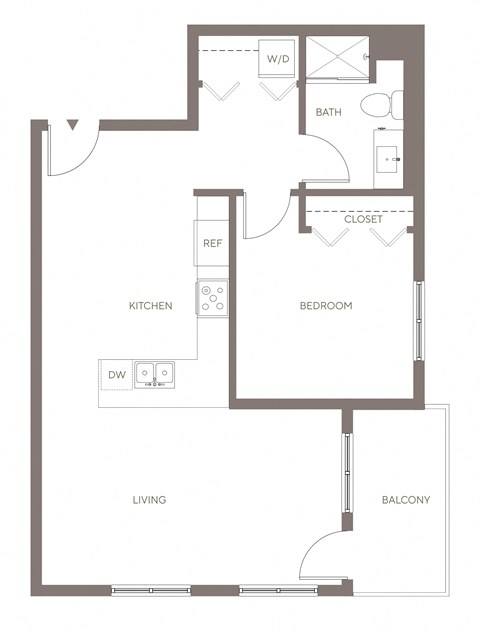 Floor plan for 1 bed, 1 bath, 763 sqft