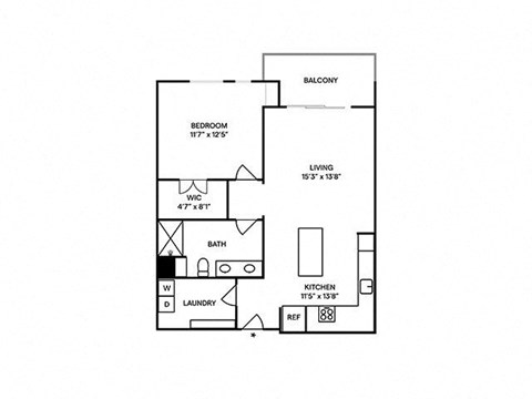 Floor plan for 1 bed, 1 bath, 862 sqft