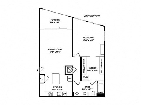 Floor plan for 1 bed, 1 bath, 1094 sqft