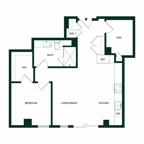 Floor plan for 1 bed, 1 bath, 832 sqft